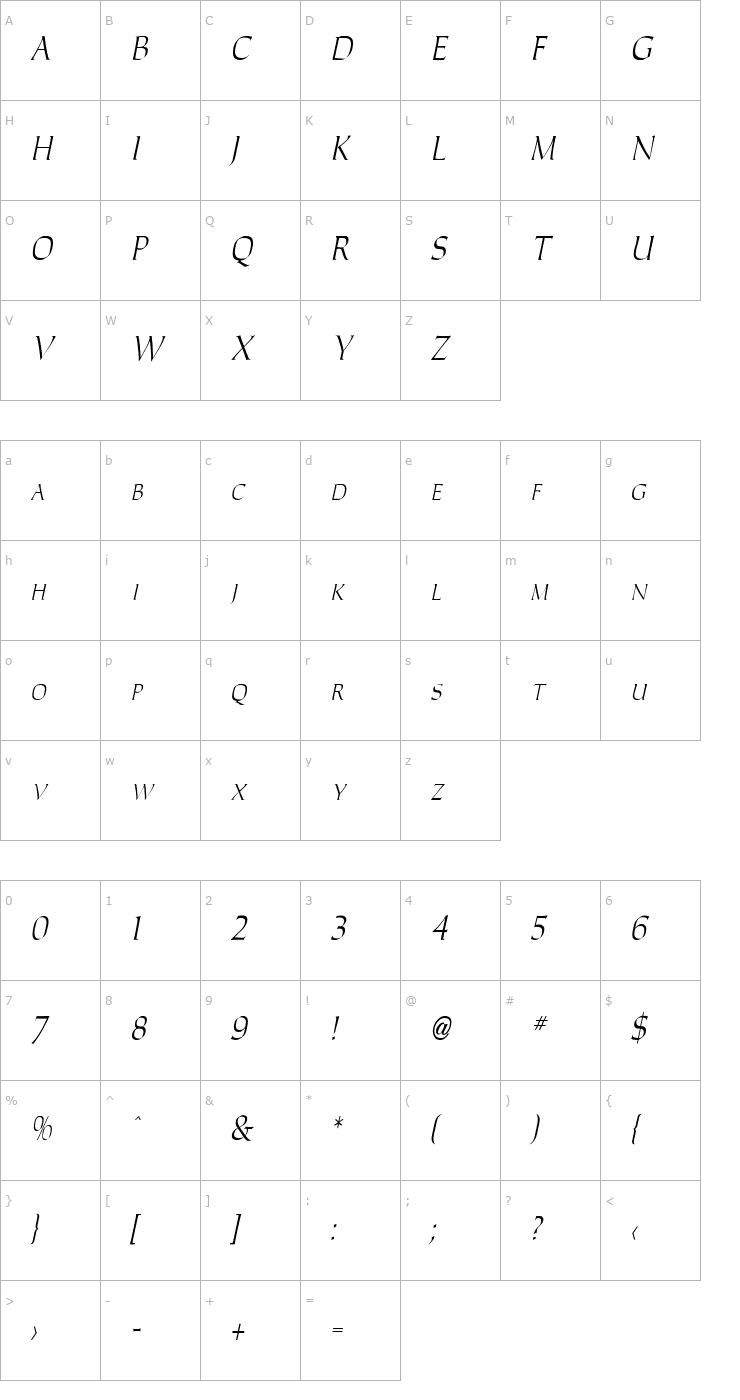 Character Map Carla Thin Italic Font