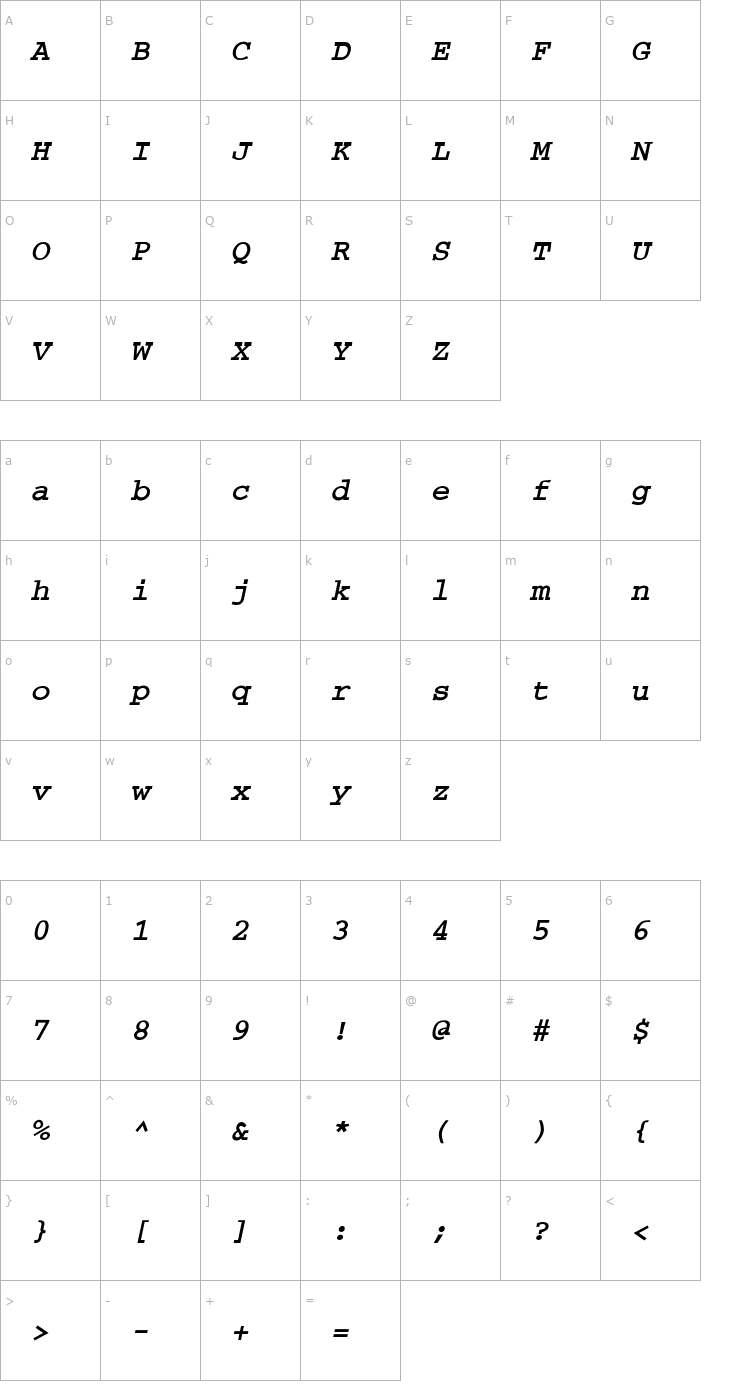 Character Map Carrier Bold Oblique Font