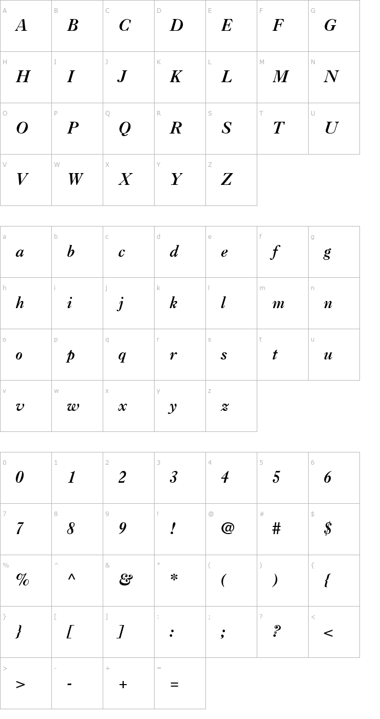 Character Map Casablanca Bold Italic Font
