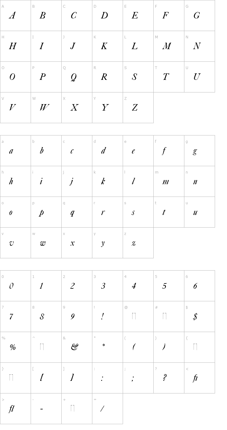 Character Map Caslon Italic Plain Font