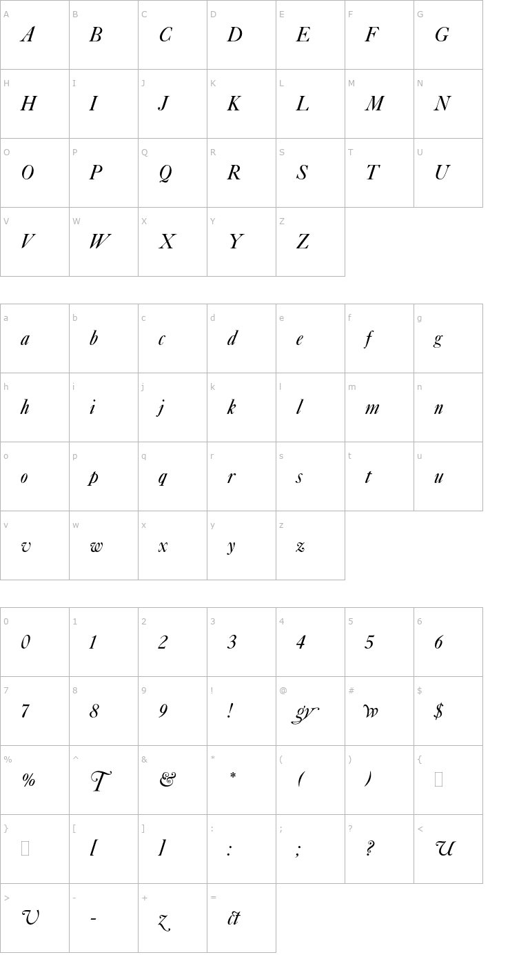 Character Map CaslonItalicWithSwashesPlain Font