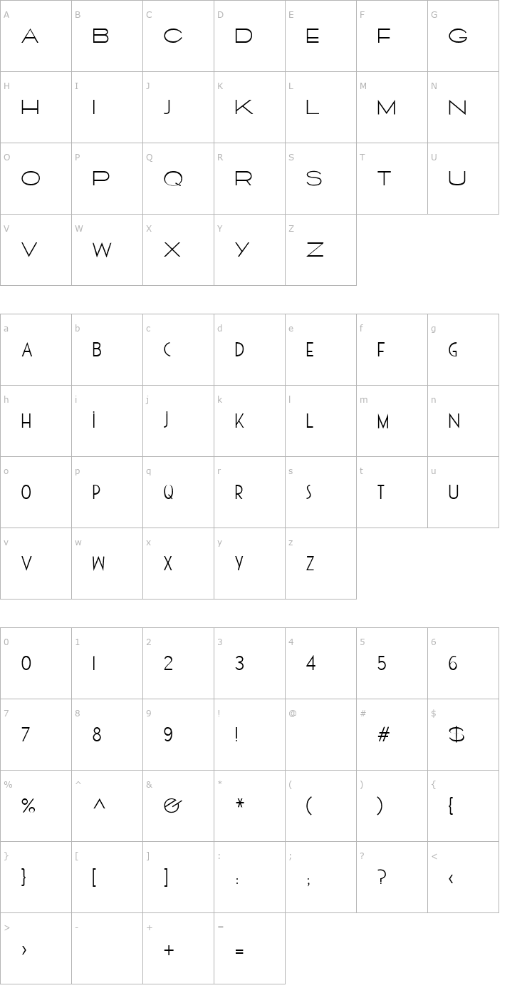 Character Map Cassandra Thin PDF Font