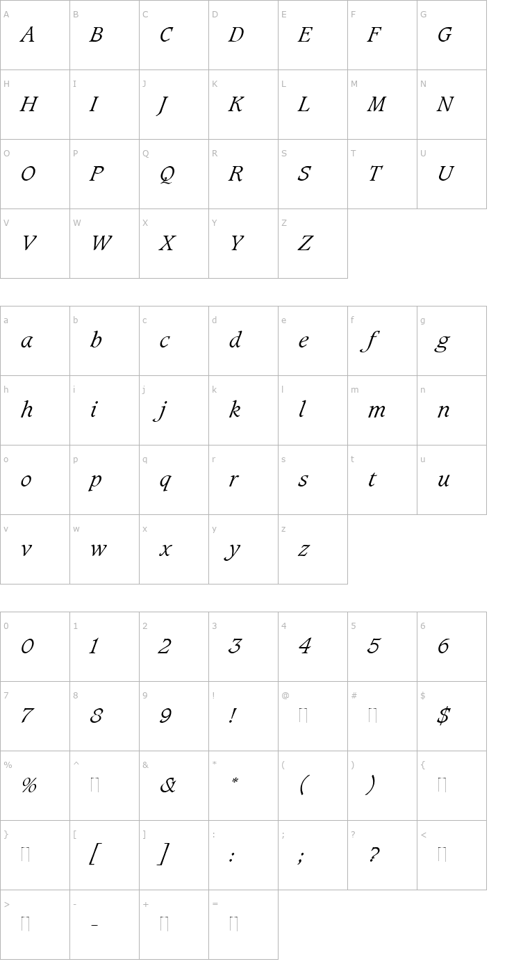 Character Map Caxton Light Italic Plain Font