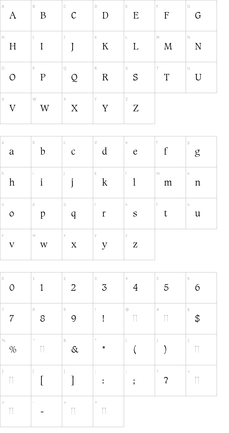Character Map Caxton Roman Light Plain Font