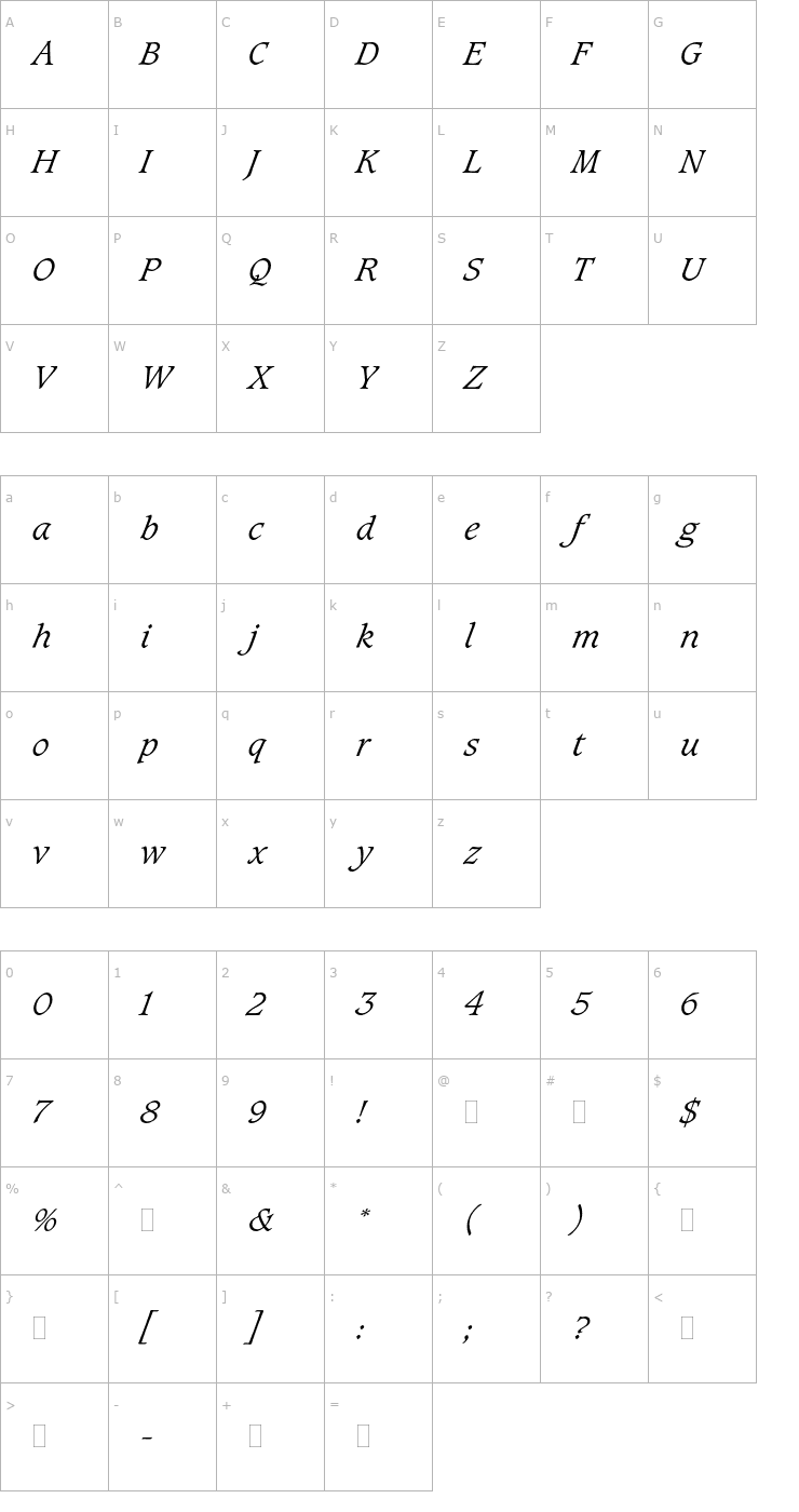Character Map CaxtonLightItalicPlain Font