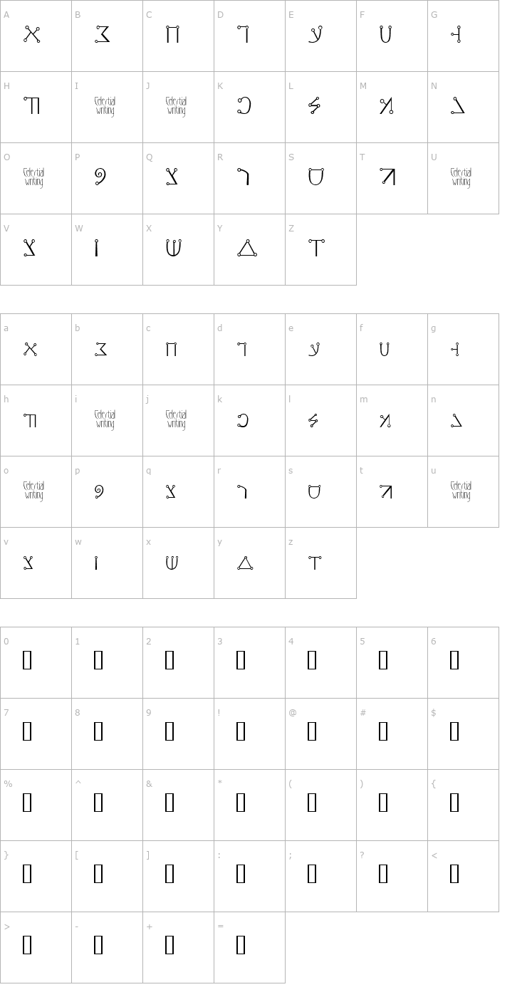 Character Map Celestial Writing Font