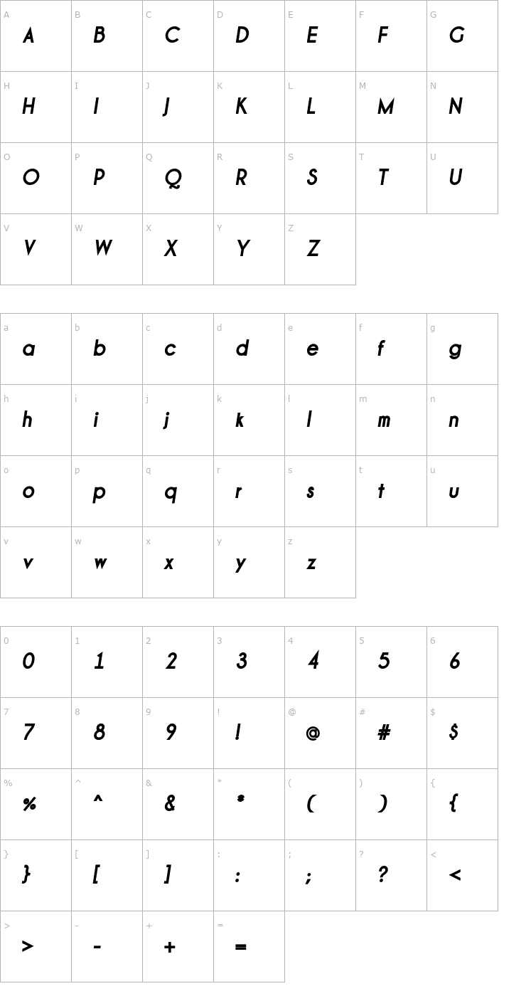 Character Map Champagne & Limousines Thick Bold Italic Font