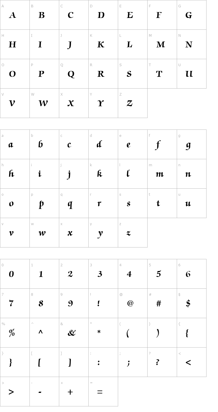 Character Map ChanceryScriptBlackSSK Font