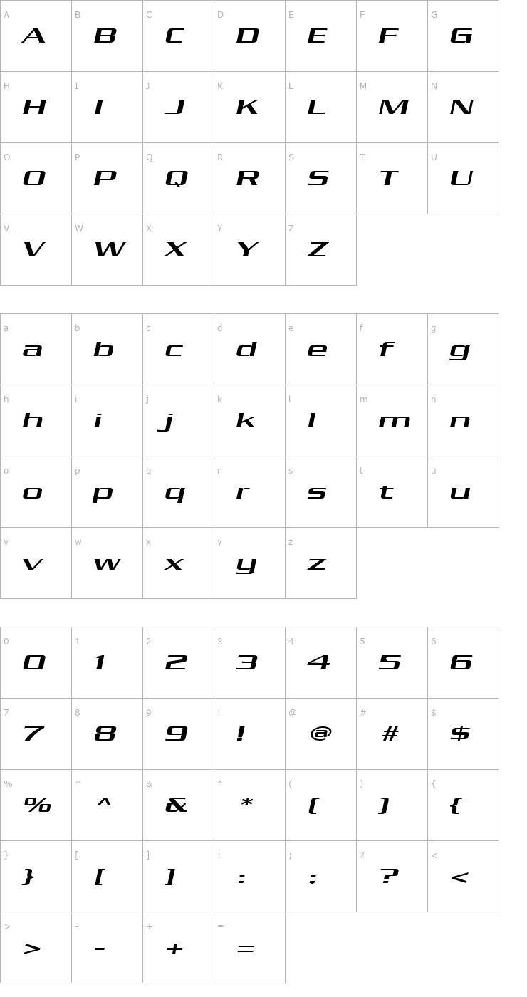Character Map Chaney Extended Italic Font