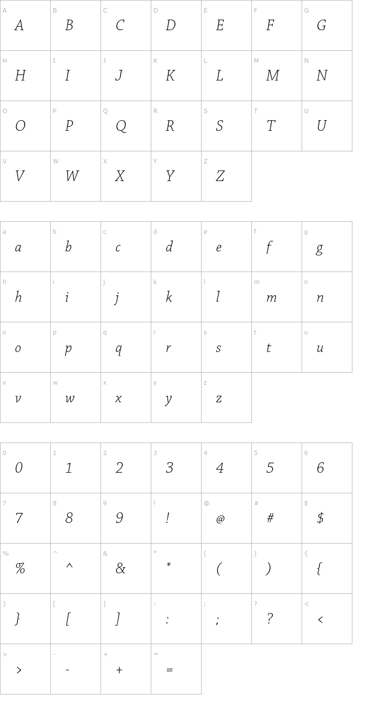 Character Map ChaparralPro-LightItSubh Font
