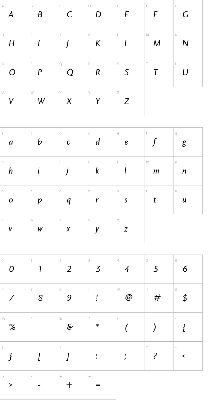 Character Map Charlotte Sans Book Italic Plain Font