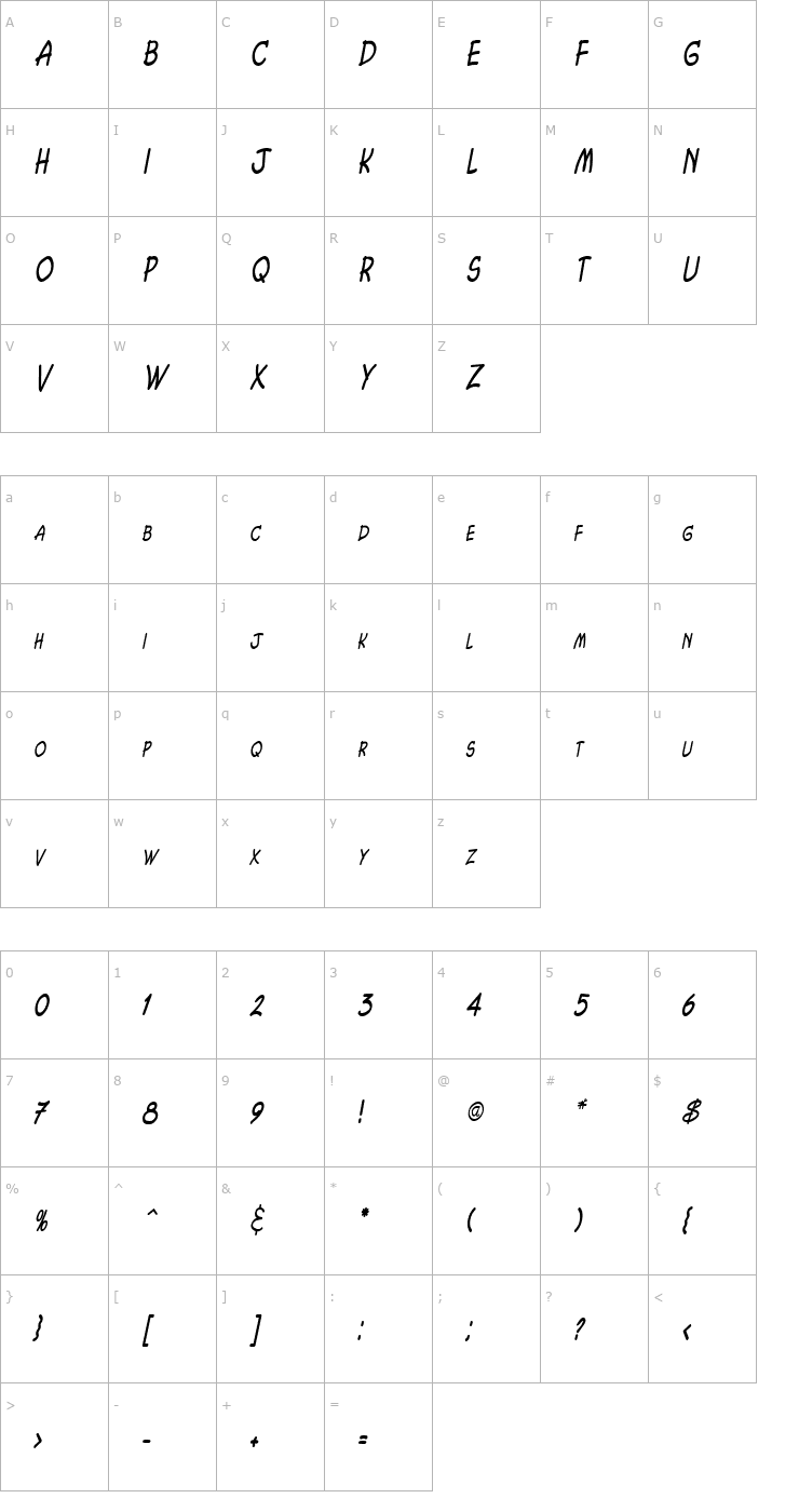 Character Map Chasm Thin Italic Font