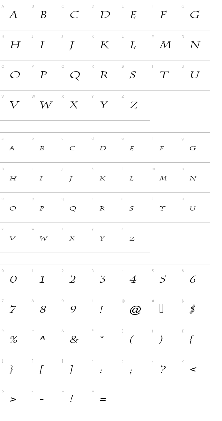 Character Map Chaz Wide Italic Font