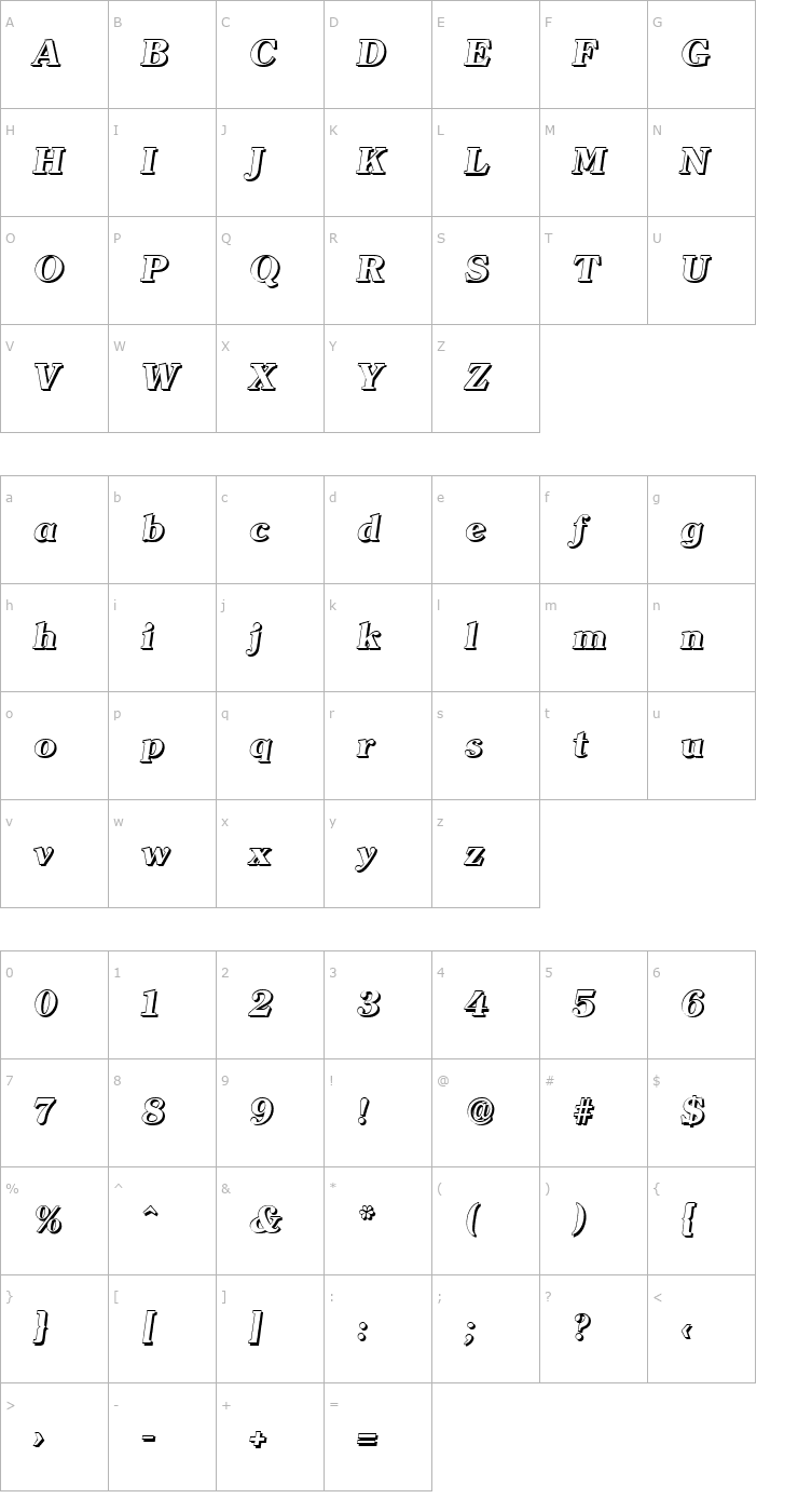 Character Map ChristianBeckerShadow-ExtraBold-Italic Font