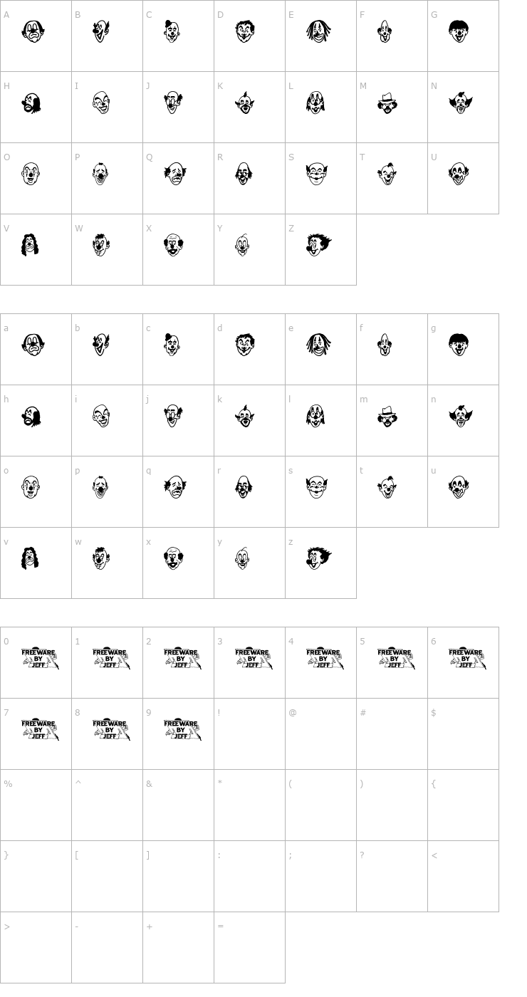 Character Map Clown Sketches JL Font