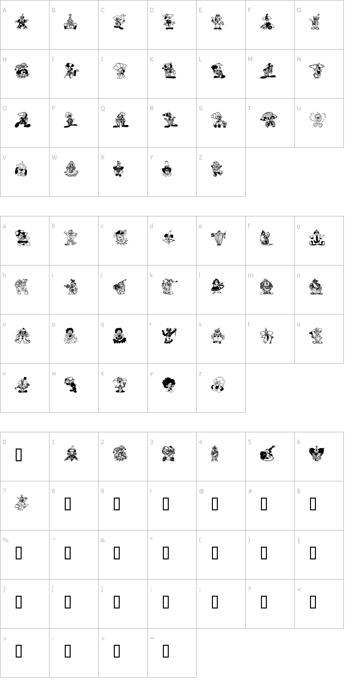 Character Map Clowners Font