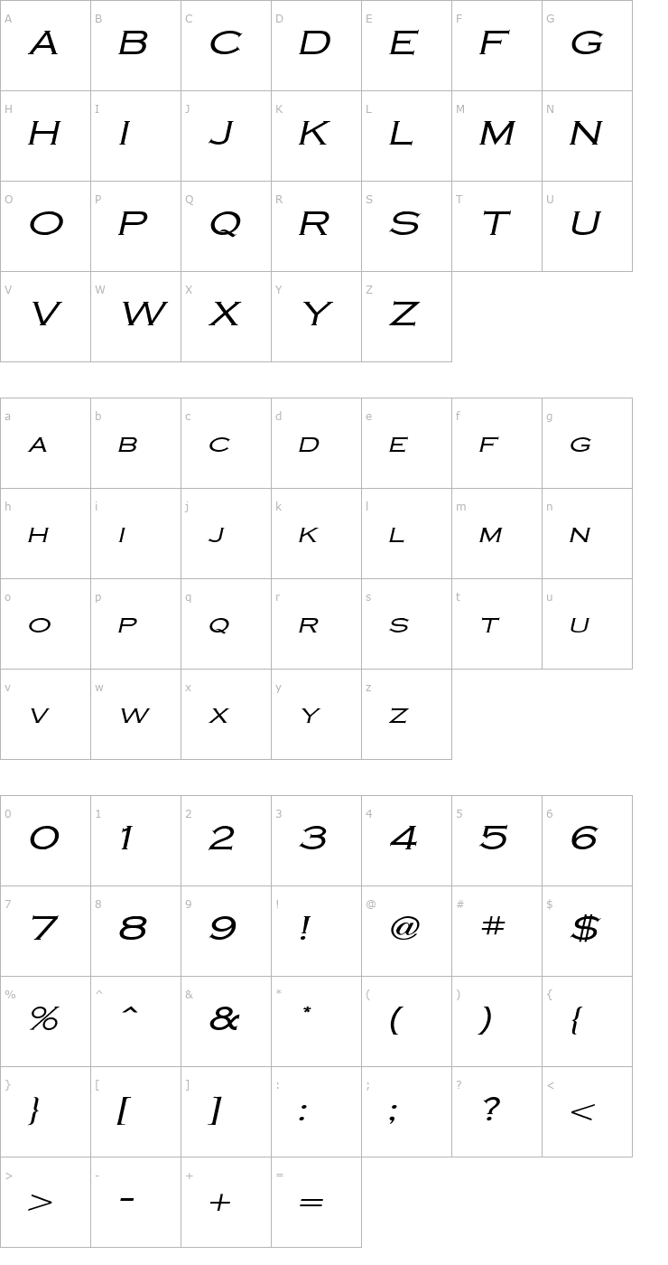 Character Map Cobalt Wide Italic Font