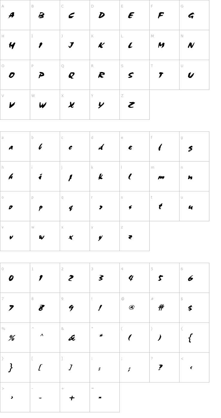 Character Map Cocoa Wide Italic Font