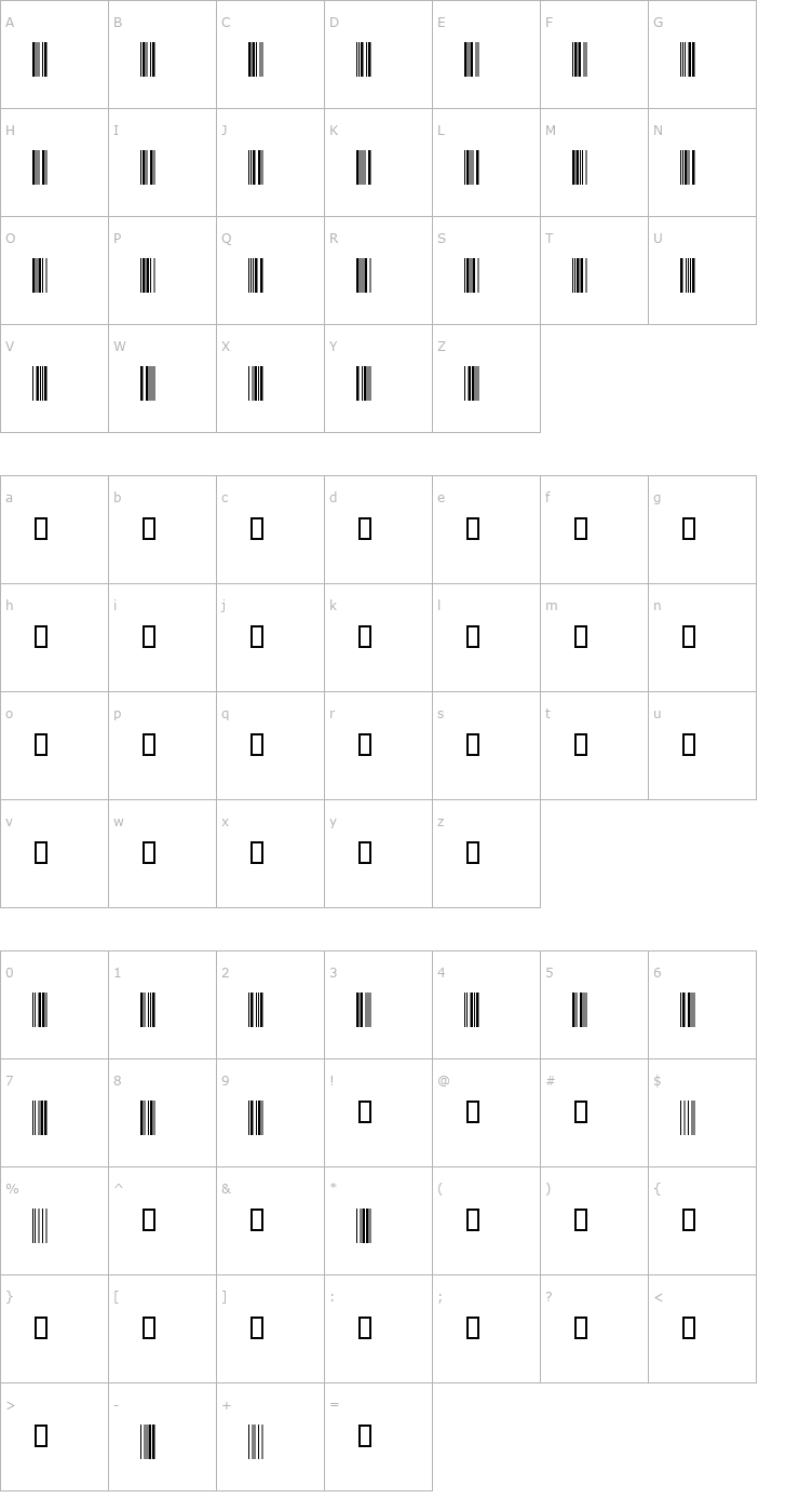 Character Map Code39QuarterInch Font