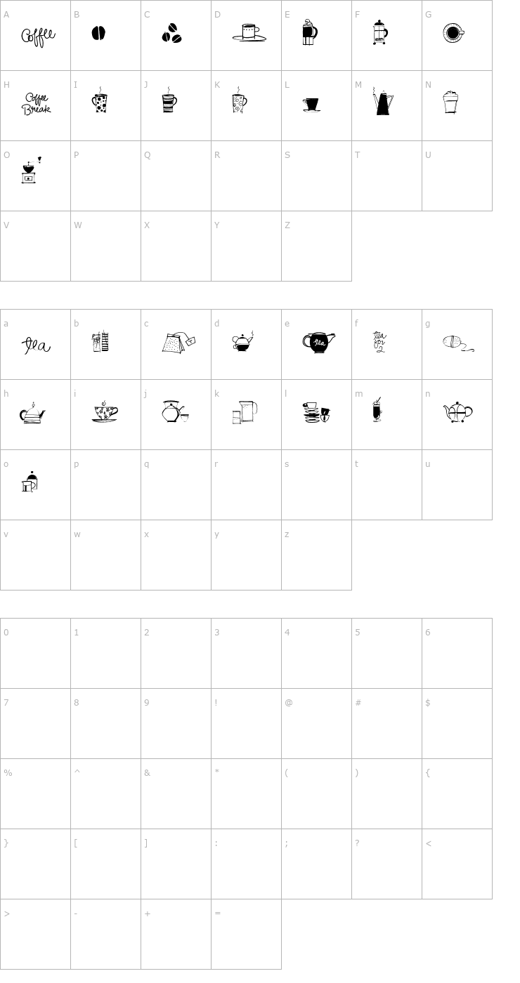 Character Map CoffeeTeaDoodles-Regular Font
