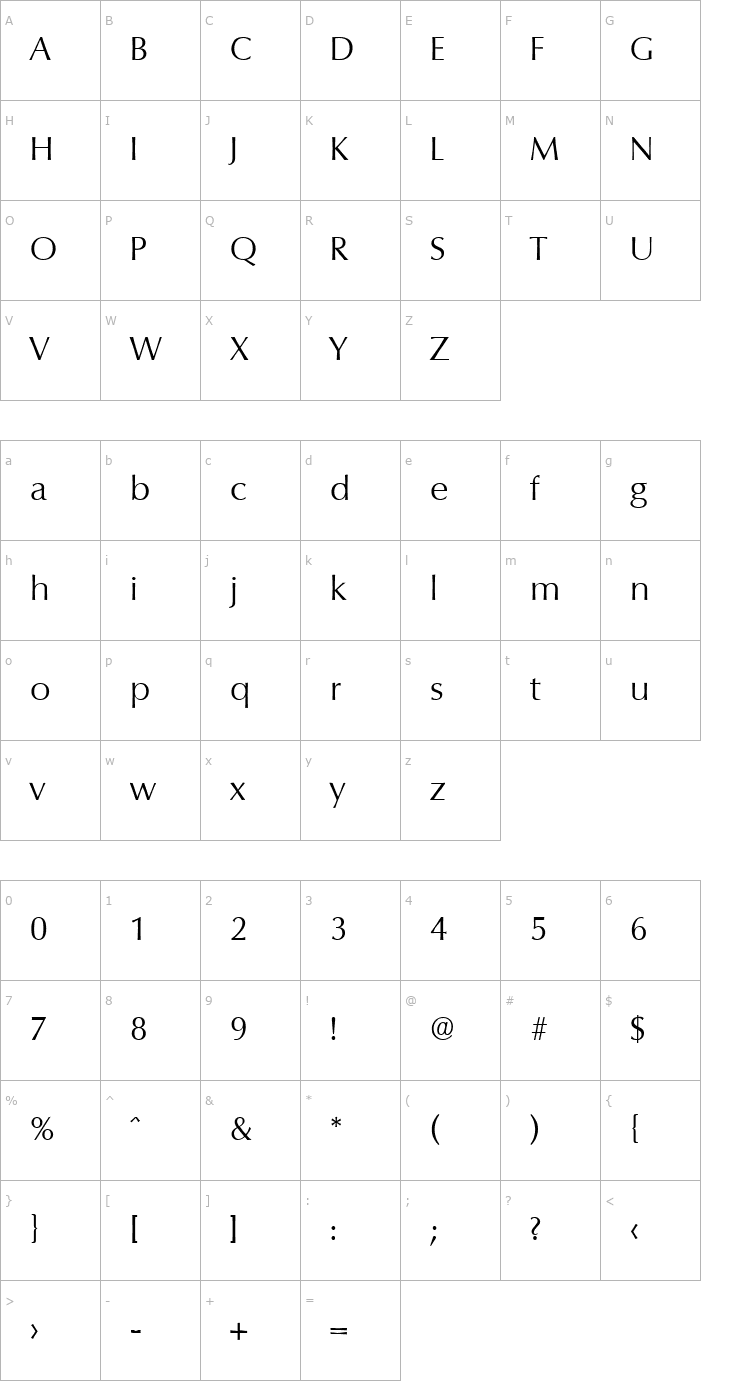 Character Map Columbia-Light Font