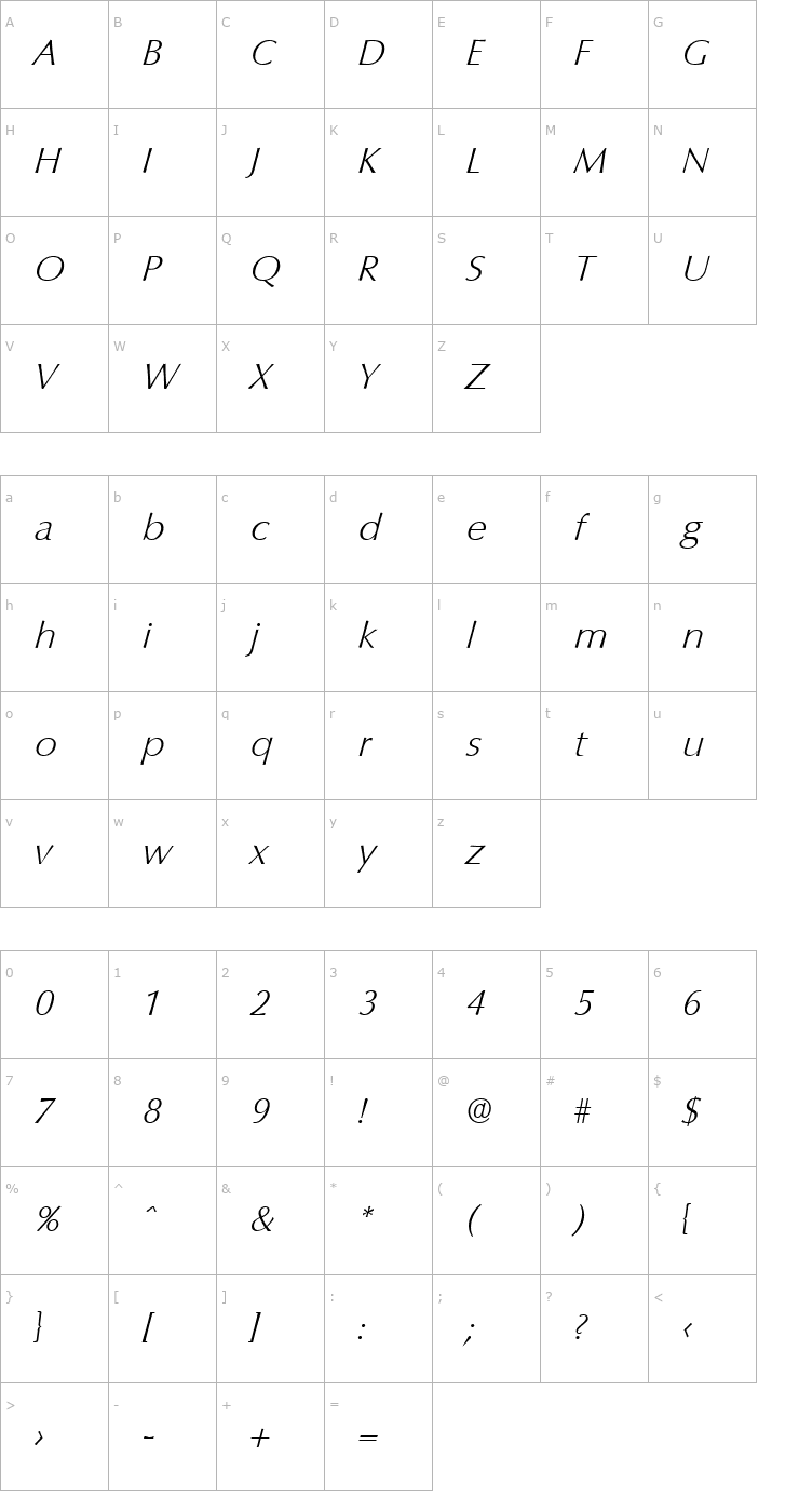 Character Map Columbia-Serial-ExtraLight-RegularItalic Font