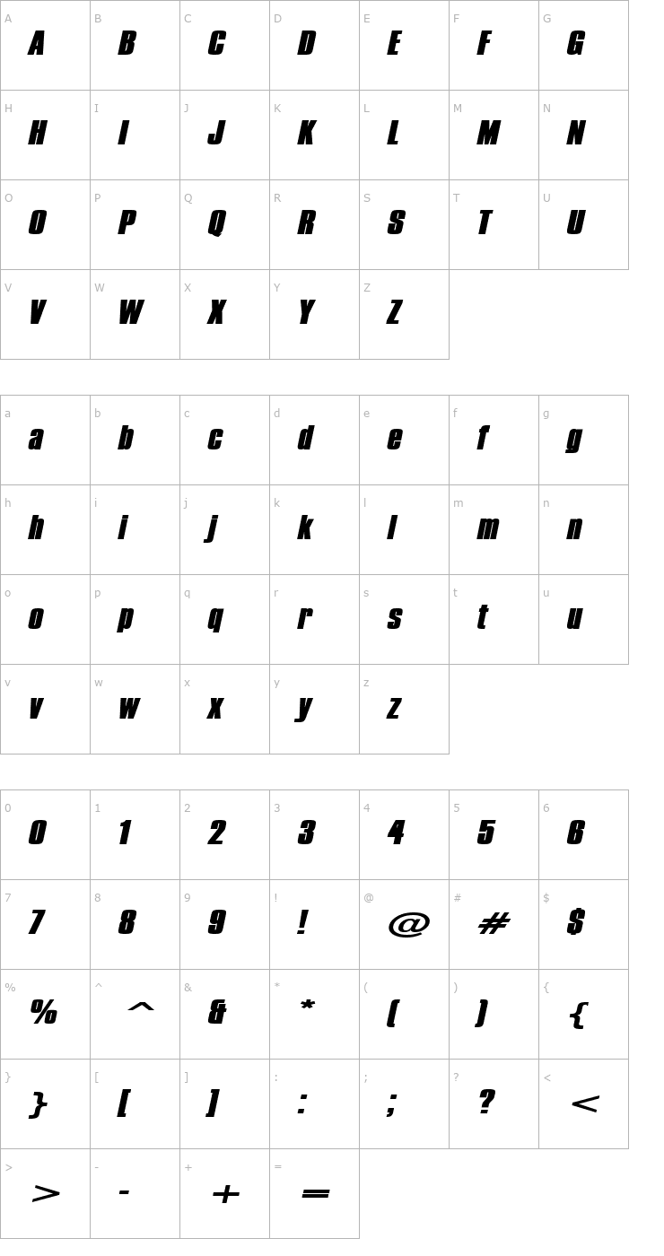Character Map Commador Extended Heavy Italic Font