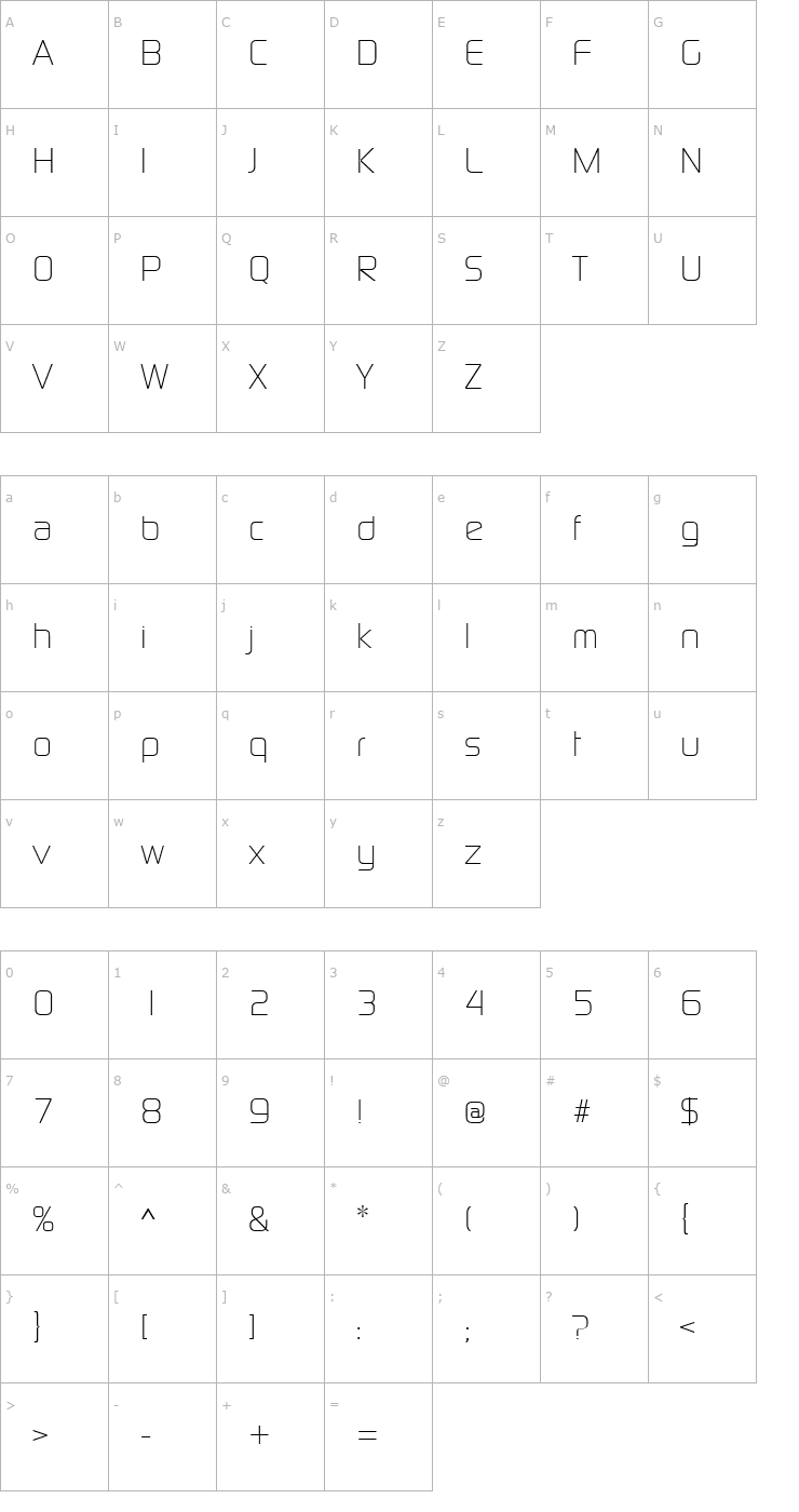 Character Map Continuum Light Font
