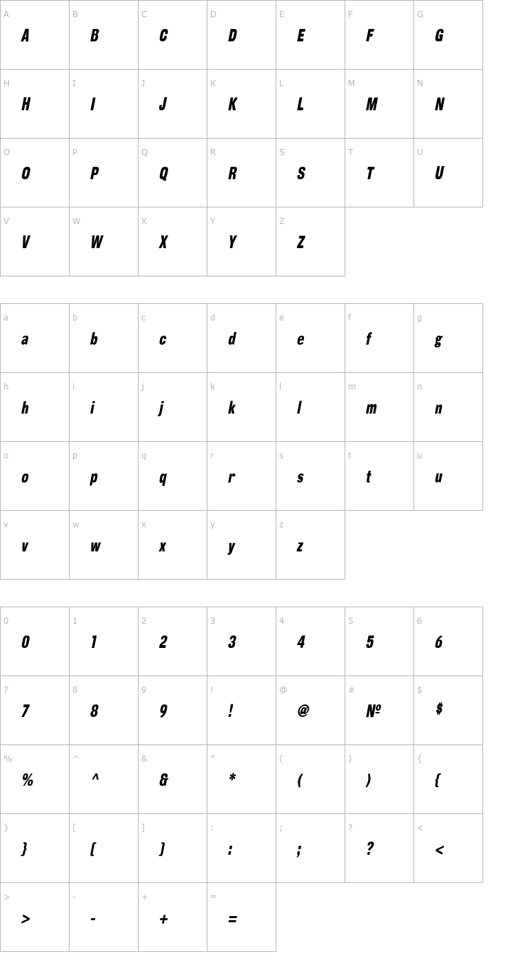 Character Map CorpusGothic-CondensedOblique Font