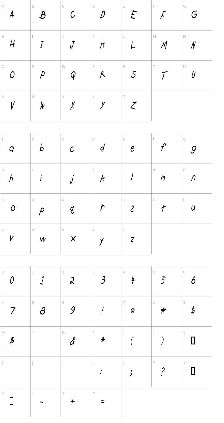 Character Map CrayonCondensed Slanted Font