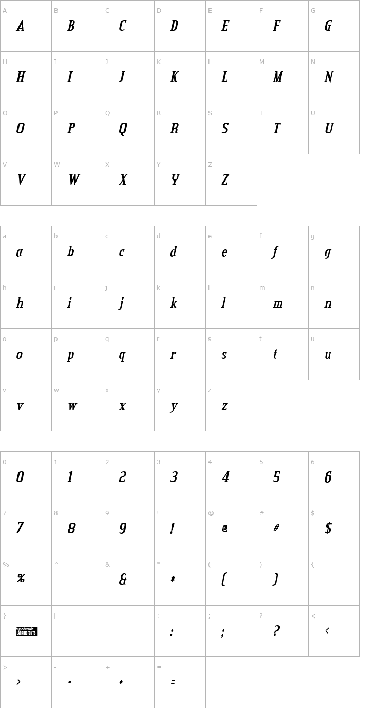 Character Map Credit Valley Bold Italic Font