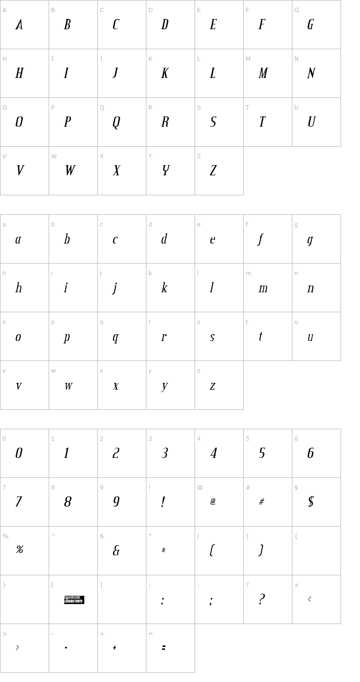 Character Map Credit Valley Italic Font