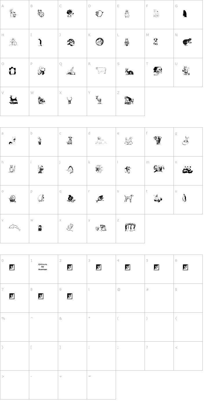 Character Map Critters by Darrian Font