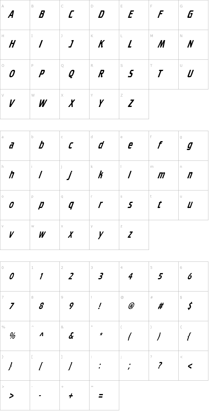 Character Map CruiserCondensed Italic Font
