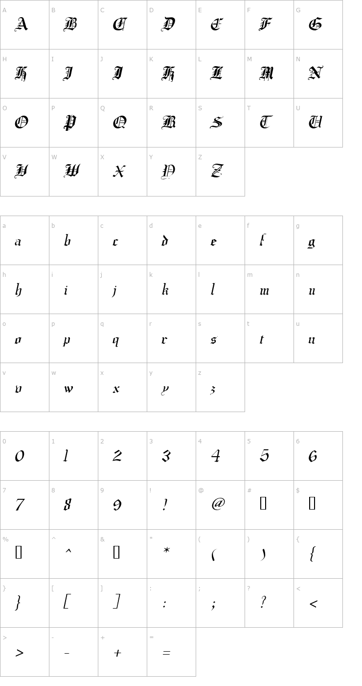 Character Map CrusaderGothic Italic Font