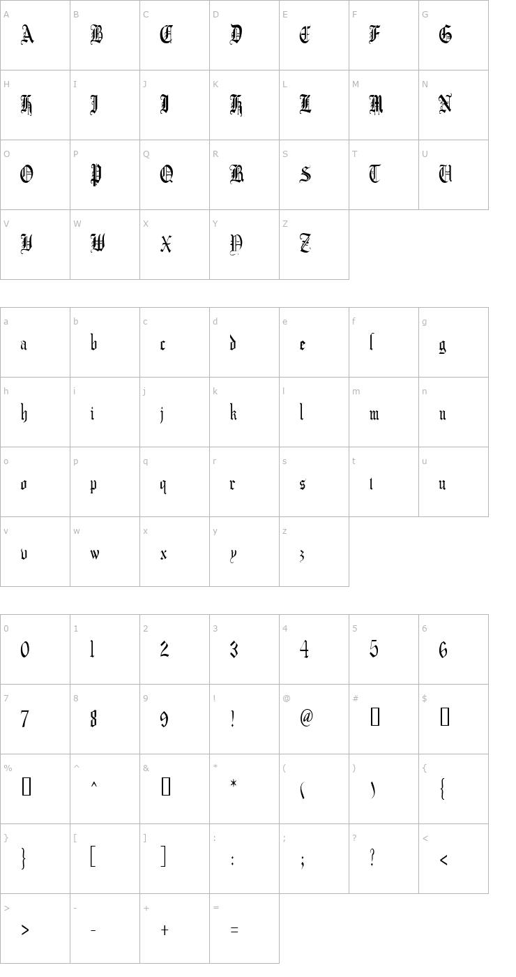 Character Map CrusaderGothicCondensed Font