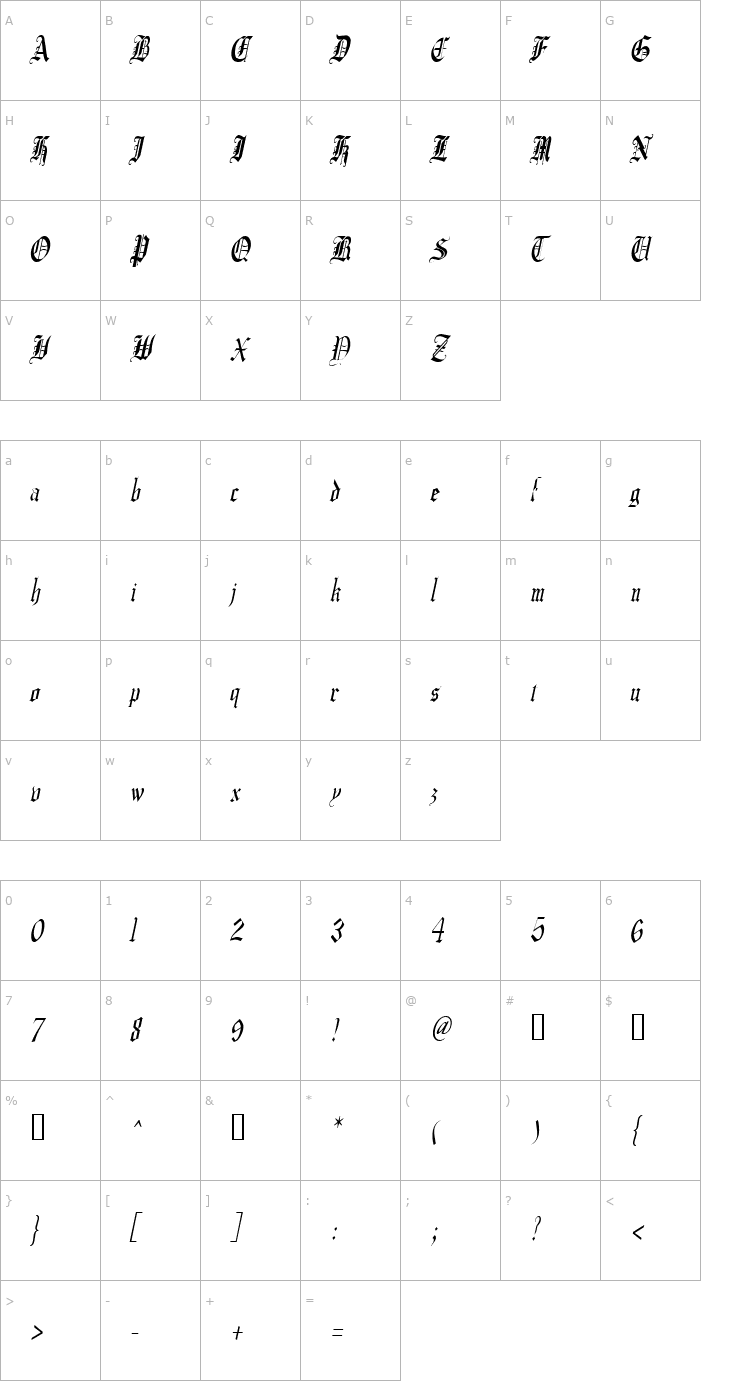 Character Map CrusaderGothicCondensed Italic Font