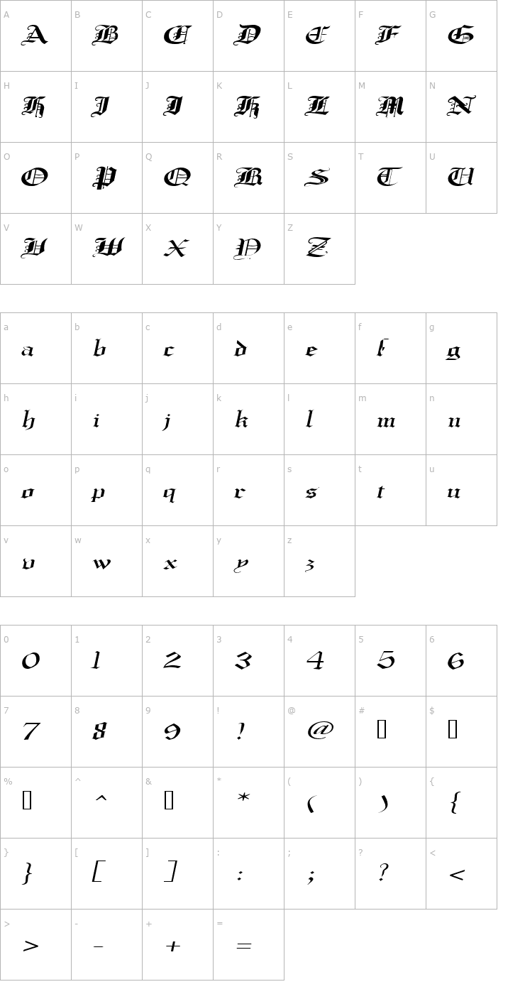 Character Map CrusaderGothicExtended Italic Font