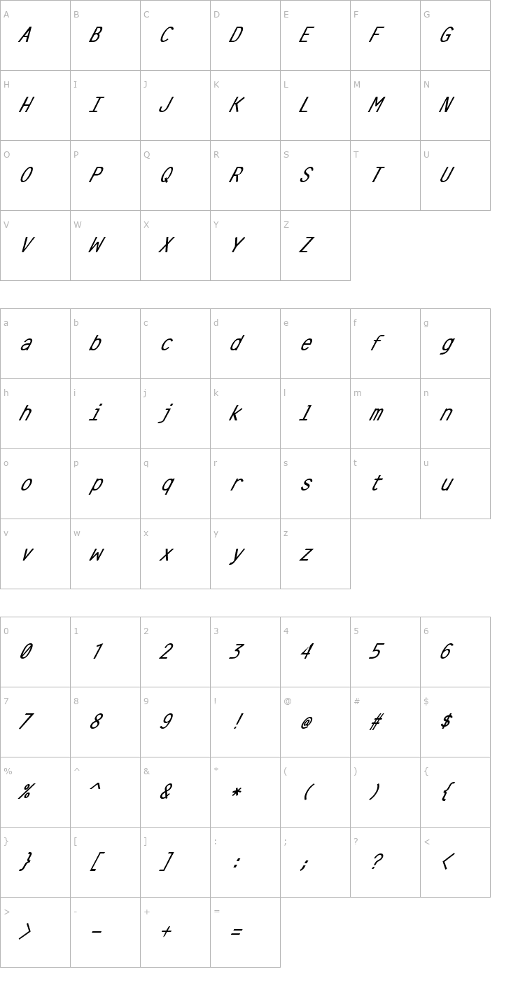 Character Map Crystal Oblique Font