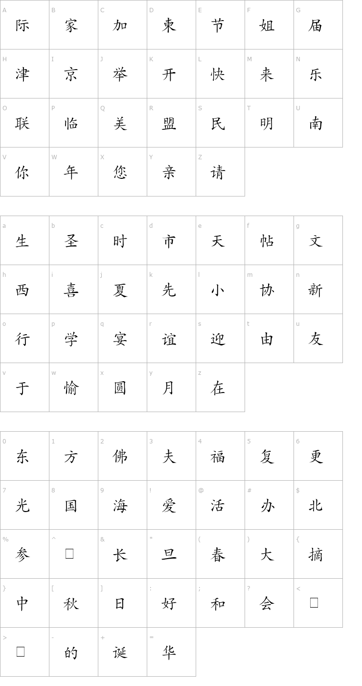 Character Map CSL Hanzi Kaishu Font