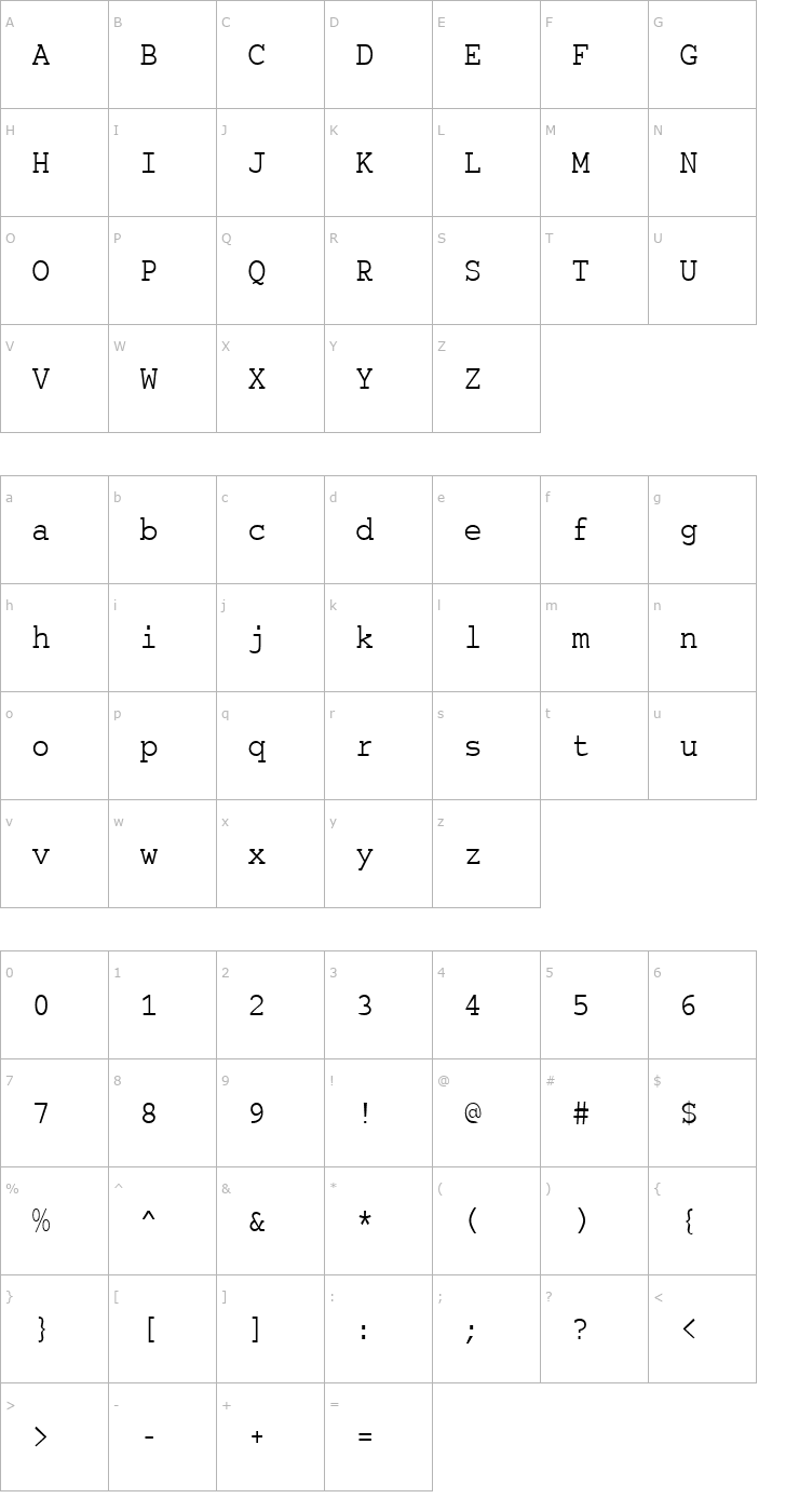 Character Map CurierCnd Becker Font