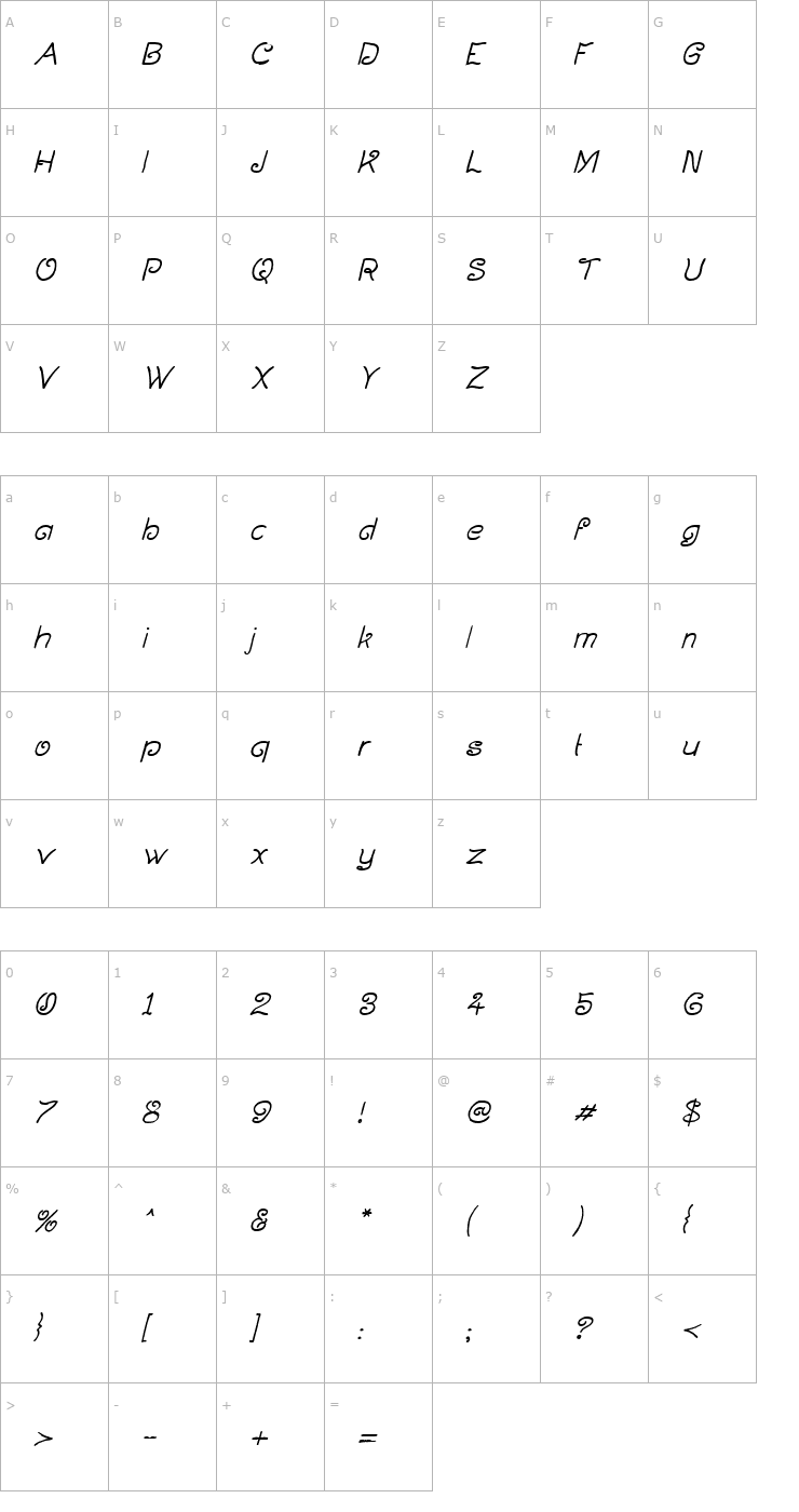 Character Map Curlmudgeon Italic Font