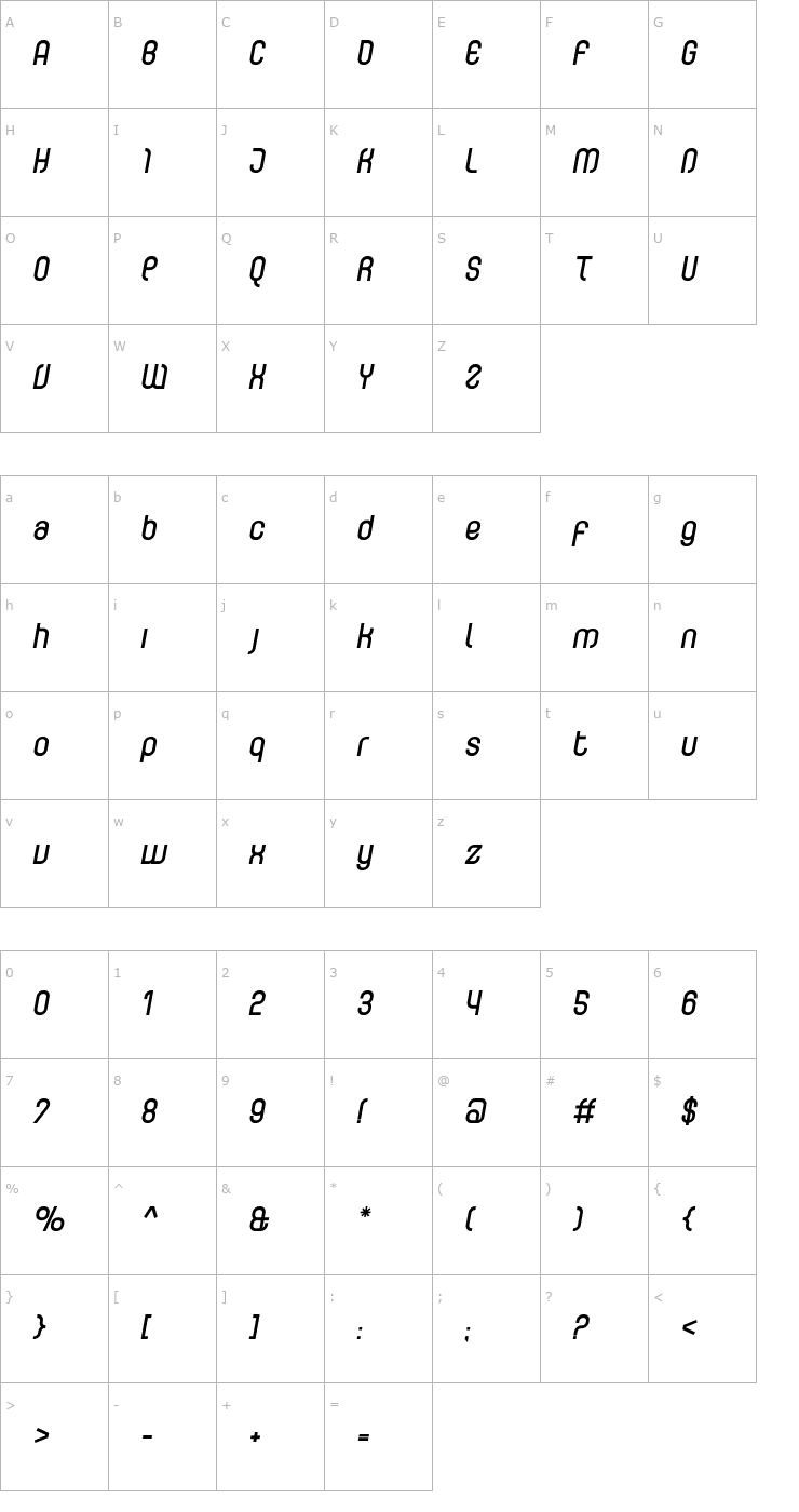 Character Map CurvatureBold Italic Font