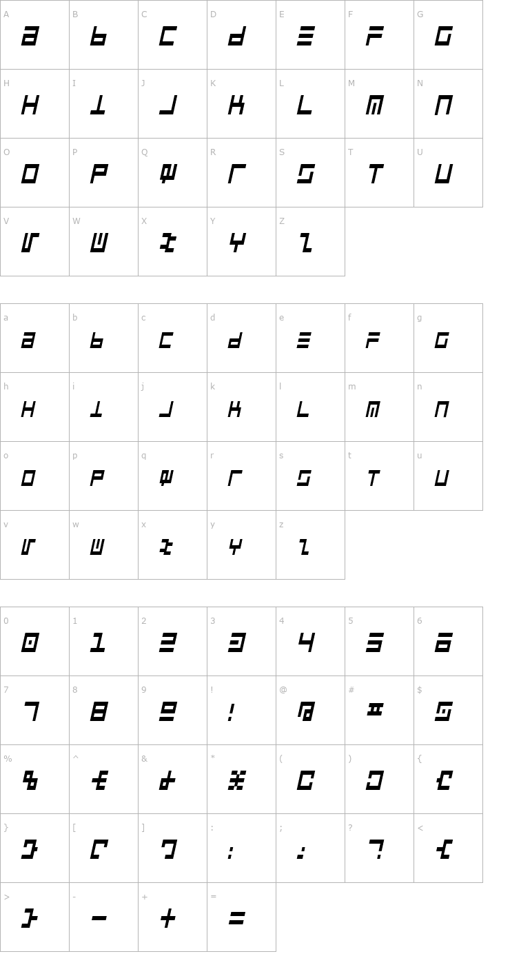 Character Map CyberspeakCondensed Oblique Font