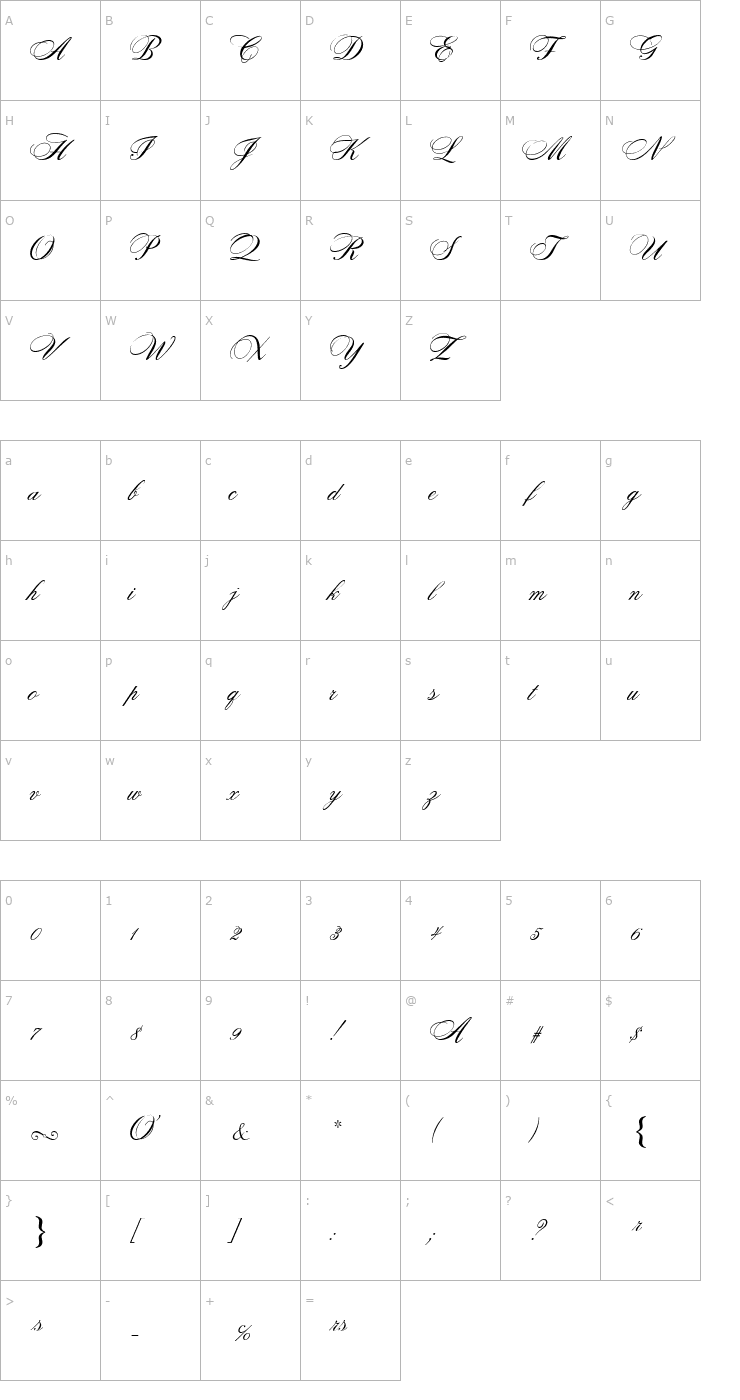 Character Map Cynthia Script ES Font