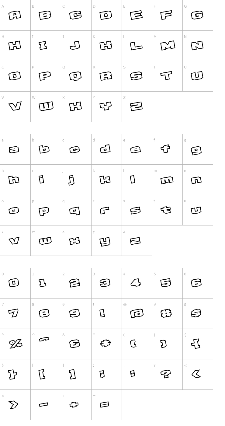 Character Map D3 Egoistism outline leaning Font