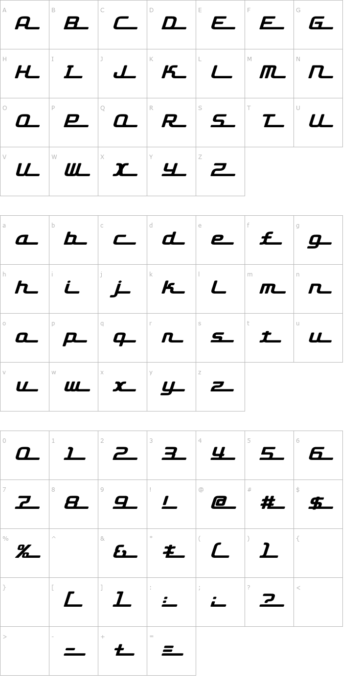 Character Map D3 Roadsterism Long Italic Font