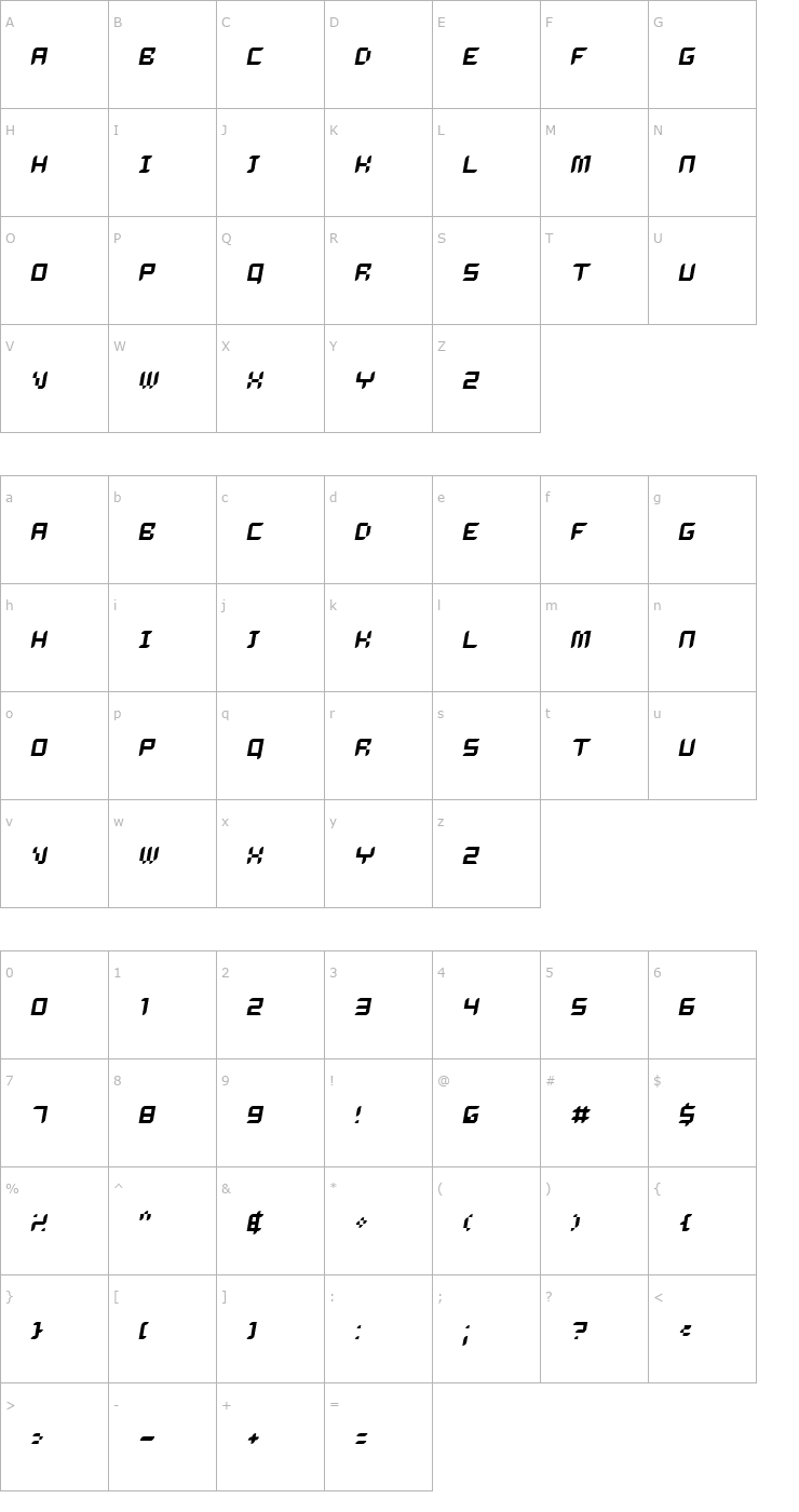 Character Map Dalila Oblique Font