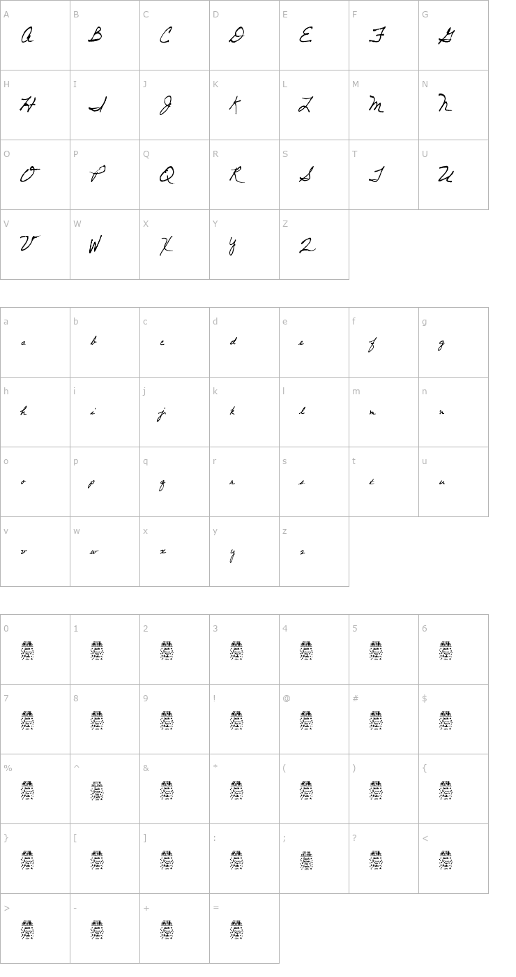 Character Map Dancing Pam Font