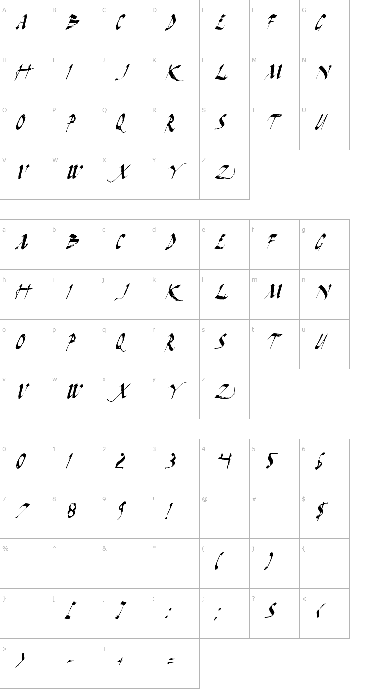 Character Map Dark Horse Italic Font